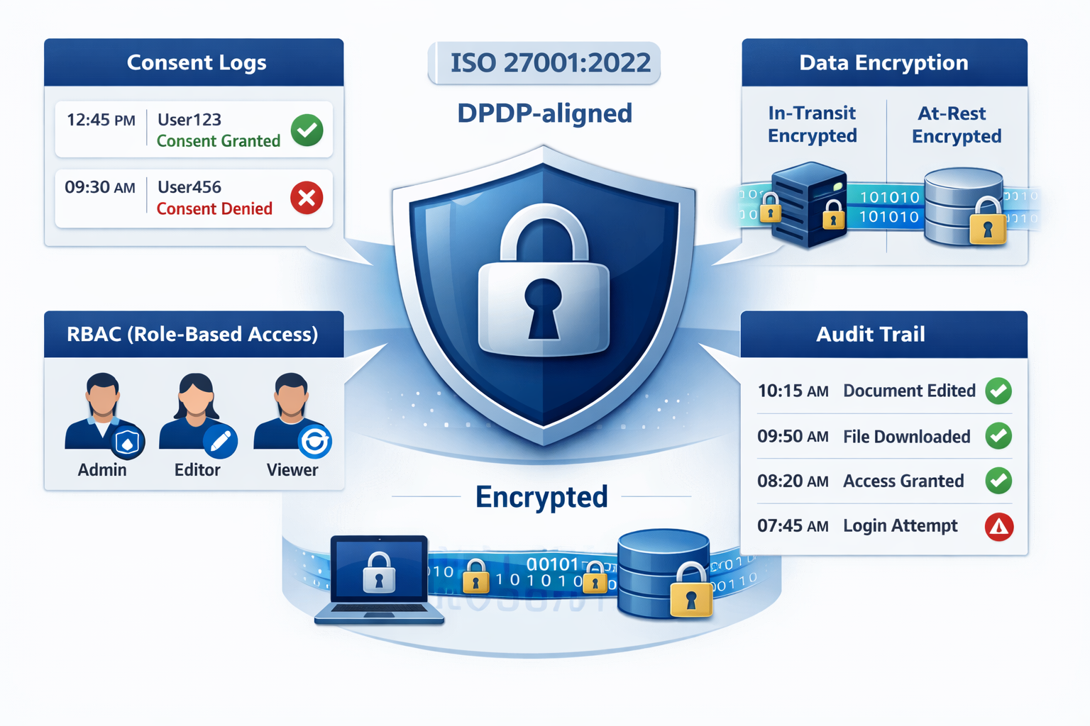 Animation illustrating consent logs, encryption, and audit trail